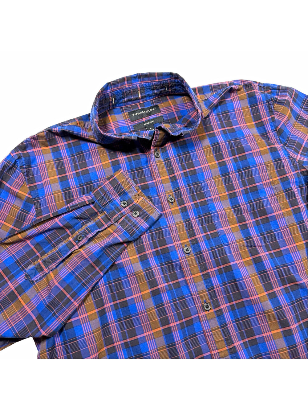 Banana Republic Untucked Fit Men’s L Plaid Long Sleeve Button-Down Shirt Blue